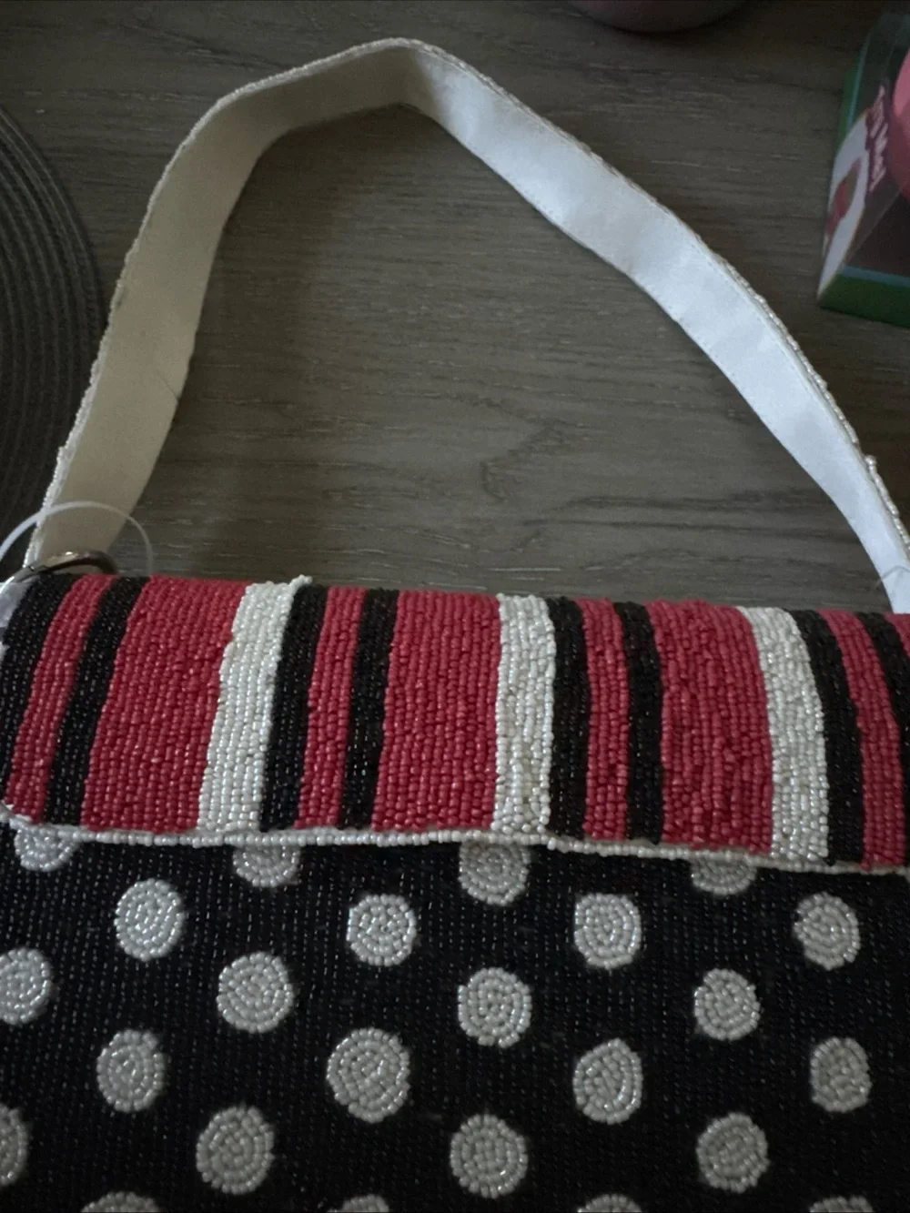 Hand-Beaded Accent Tote in Red, Black & White NWT